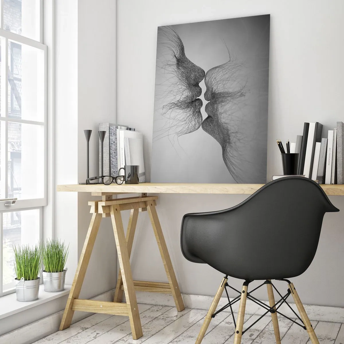 Impression sur verre - Image sur verre - Baiser abstrait en noir et blanc - 50x70cm - La bise du vent - Décoration murale moderne pour le salon et la chambre ARTTOR