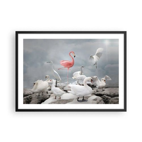Affiche dans un cadre noir - Poster - Un flamant rose parmi des cygnes blancs sur fond de lac - 70x50cm - Comment suis-je arrivé là? - Décoration murale moderne pour le salon et la chambre ARTTOR