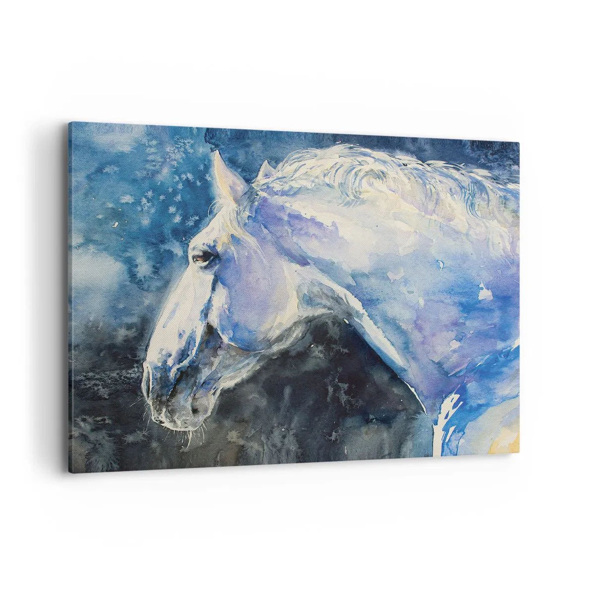 Impression sur toile - Image sur toile - Portrait d'un cheval dans des tons de bleu avec un effet aquarelle pictural. - 100x70cm - Portrait dans une lueur azur - Décoration murale moderne pour le salon et la chambre ARTTOR