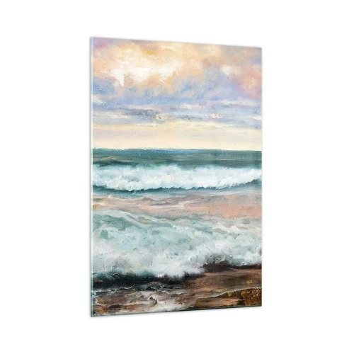Impression sur verre - Image sur verre - Vagues de la mer contre un ciel nuageux au coucher du soleil - 70x100cm - Ici tu adouciras ton âme - Décoration murale moderne pour le salon et la chambre ARTTOR