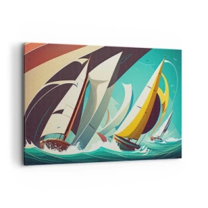 Impression sur toile - Image sur toile - Une illustration dynamique de voiliers dans une mer agitée. - 120x80cm - Bonne chance avec les éléments - Décoration murale moderne pour le salon et la chambre ARTTOR