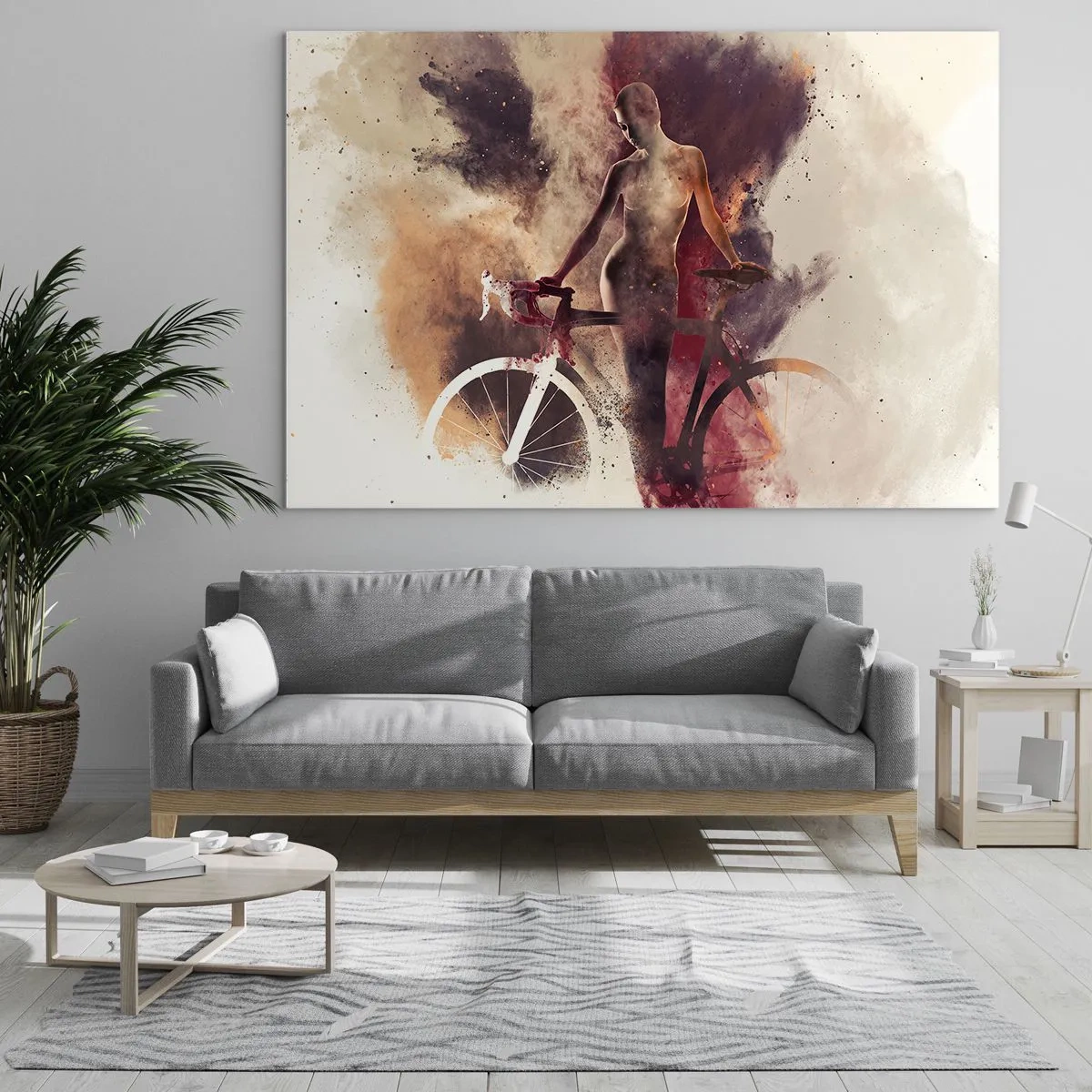 Impression sur verre - Image sur verre - Silhouette d'un vélo dans un nuage artistique de couleurs - 120x80cm - Une âme de vélo aux formes marbrées - Décoration murale moderne pour le salon et la chambre ARTTOR