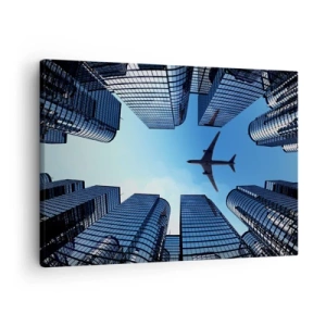 Impression sur toile - Image sur toile - Un avion survolant des gratte-ciels modernes dans le centre-ville. - 70x50cm - La vue depuis le ravin de verre - Décoration murale moderne pour le salon et la chambre ARTTOR