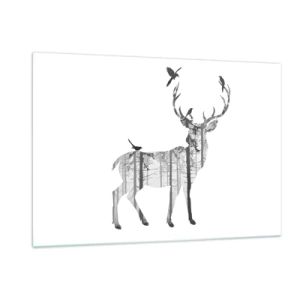 Impression sur verre - Image sur verre - Silhouette graphique d'un cerf avec un motif de forêt et d'oiseaux - 120x80cm - La bonne âme de la forêt - Décoration murale moderne pour le salon et la chambre ARTTOR