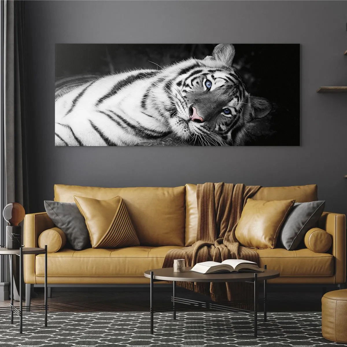 Impression sur verre - Image sur verre - Un tigre blanc rendu artistiquement sur un fond noir - 120x50cm - Sauvagerie et paix - Décoration murale moderne pour le salon et la chambre ARTTOR