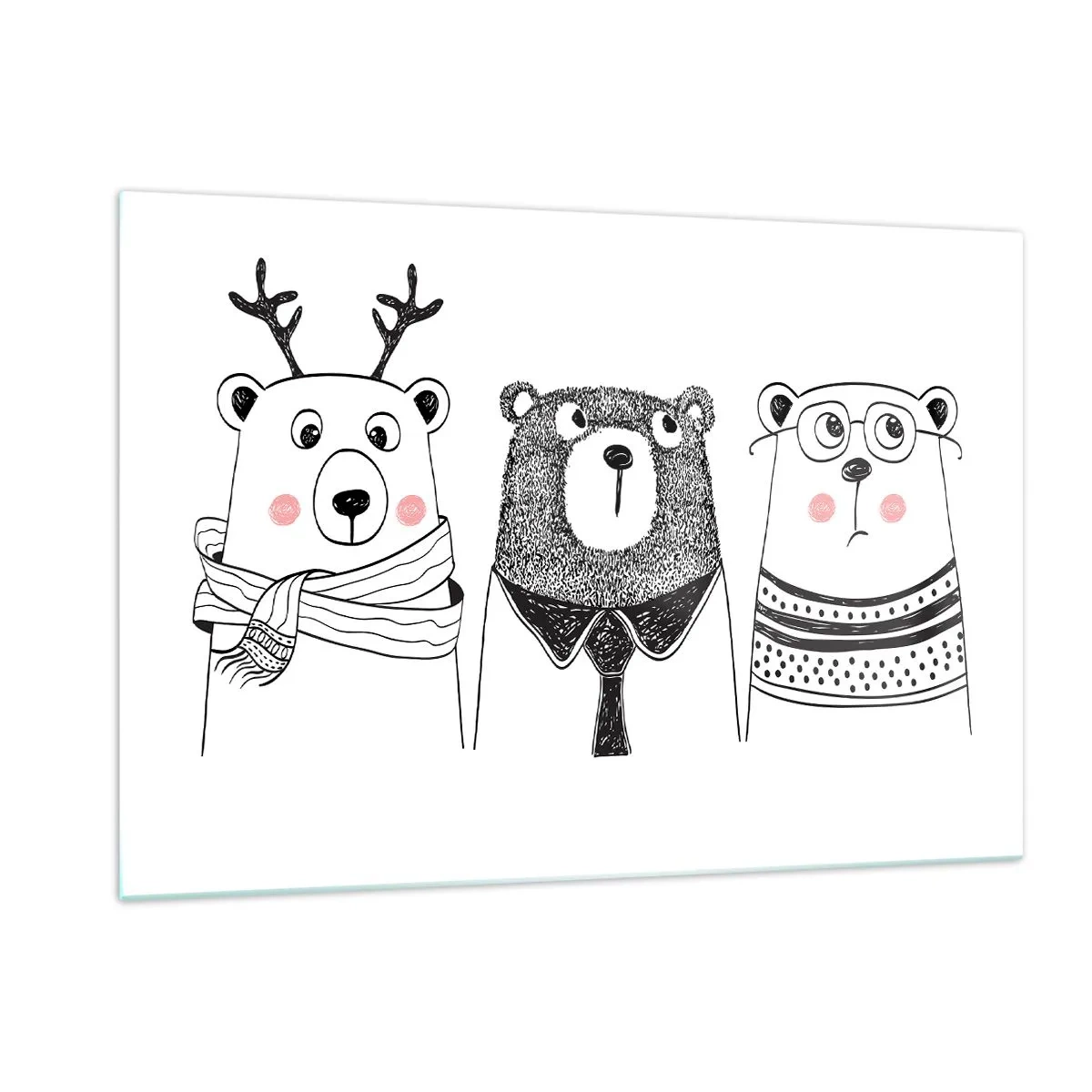 Impression sur verre - Image sur verre - Trois ours drôles dans une illustration en noir et blanc - 120x80cm - Ours en peluche, petit ours en peluche et doudou - Décoration murale moderne pour le salon et la chambre ARTTOR