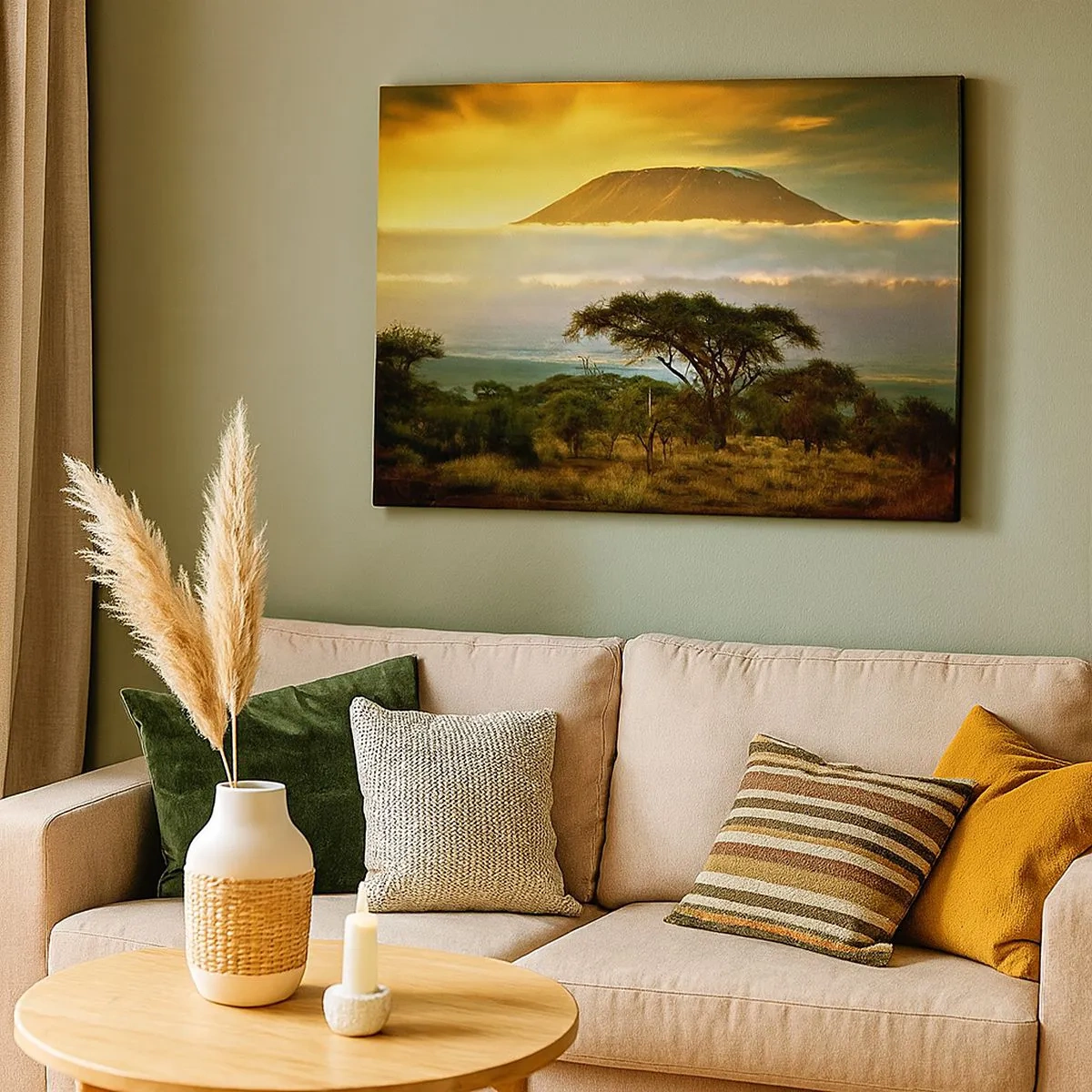 Impression sur toile - Image sur toile - Paysage africain avec le Kilimandjaro au lever du soleil - 70x50cm - Un rêve de voyageur - Décoration murale moderne pour le salon et la chambre ARTTOR