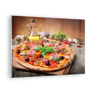 Impression sur verre - Image sur verre - Pizza avec garnitures sur une table en bois avec de l'huile d'olive et des épices - 70x50cm - Avec une vraie saveur italienne - Décoration murale moderne pour le salon et la chambre ARTTOR