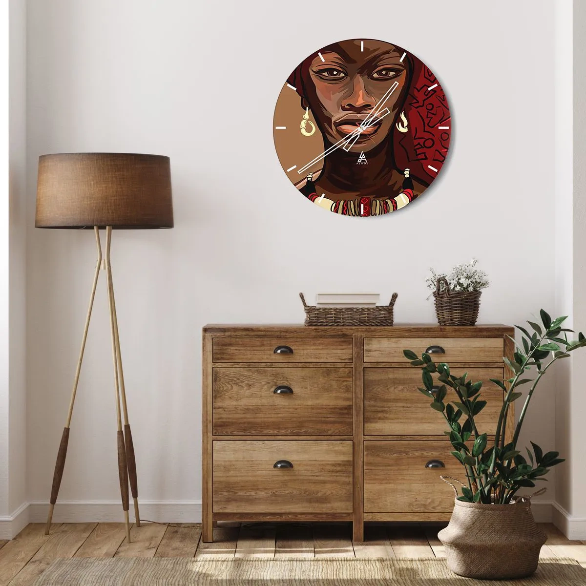 Horloge murale - Pendule murale - Portrait d'une femme dans un style africain avec des accents rouges - 30x30cm - Vénus d'ébène - Décoration murale moderne pour le salon, la cuisine et la chambre ARTTOR
