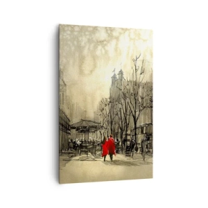 Impression sur toile - Image sur toile - Une figure rouge dans un décor urbain nostalgique - 80x120cm - Rendez-vous dans le brouillard de Londres - Décoration murale moderne pour le salon et la chambre ARTTOR