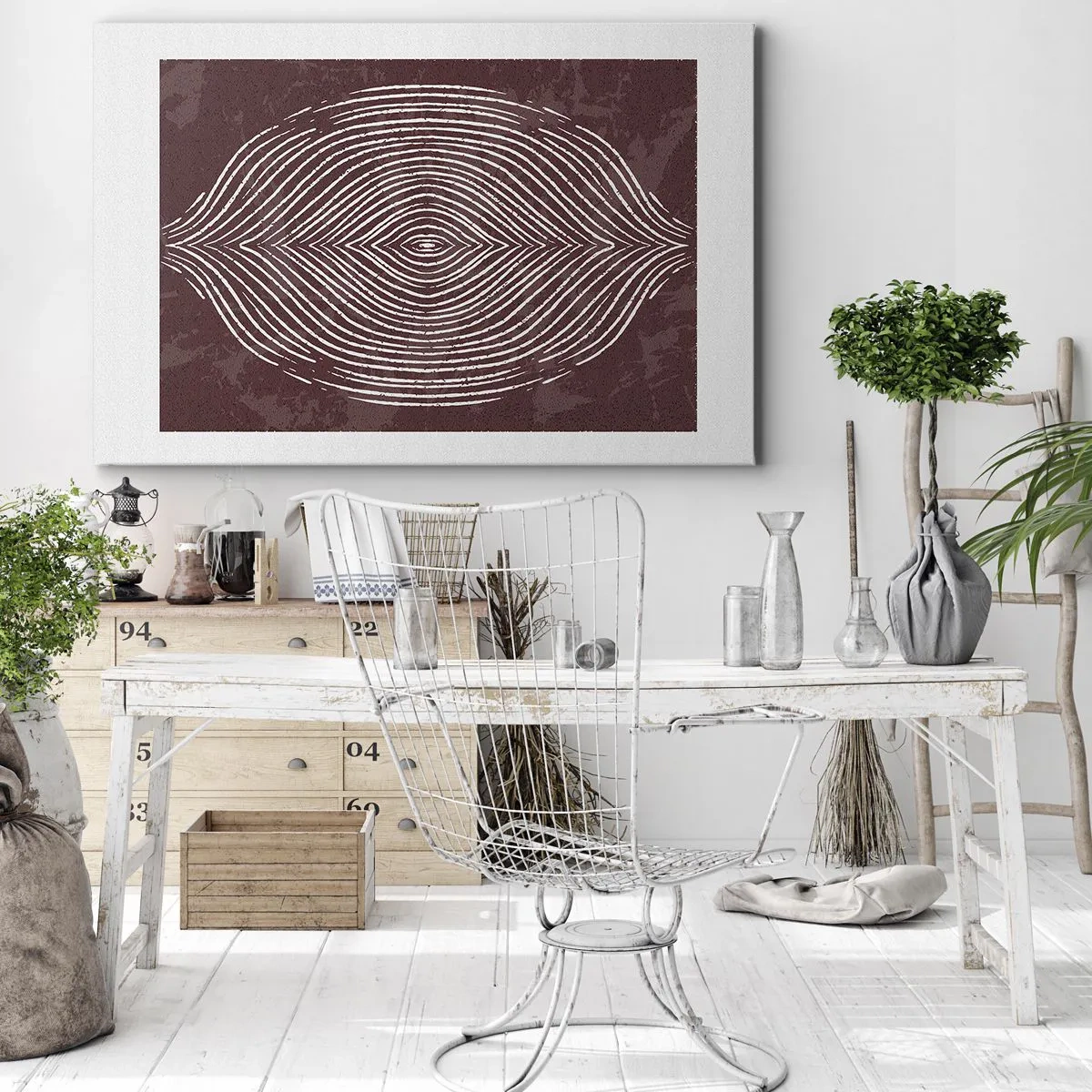 Impression sur toile - Image sur toile - Ondes symétriques en lignes blanches sur fond marron - 120x80cm - L'espace parle - Décoration murale moderne pour le salon et la chambre ARTTOR