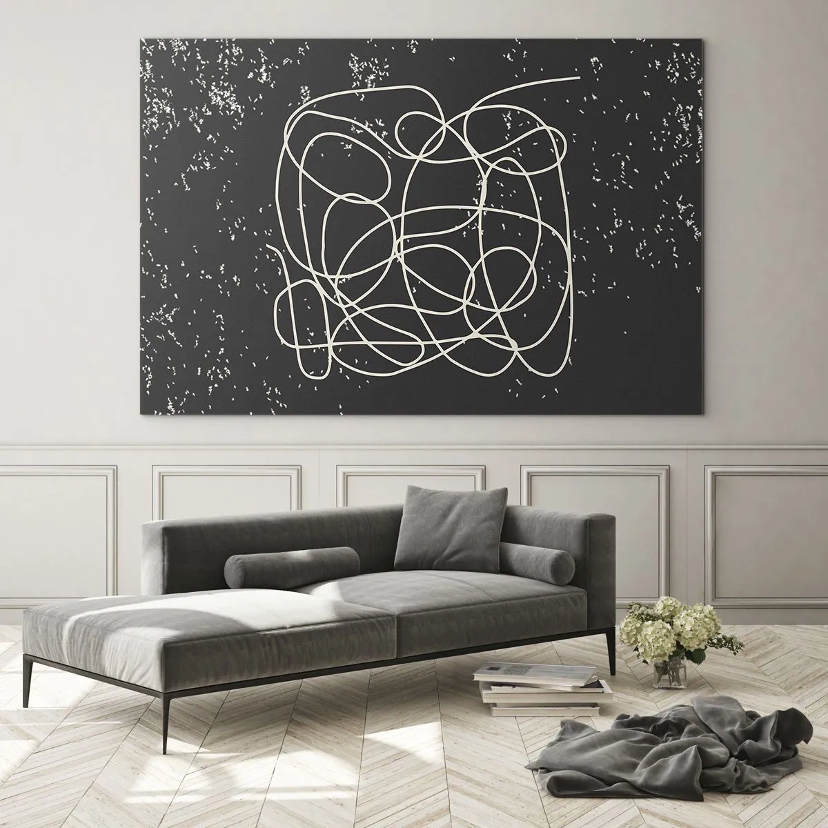 Impression sur verre - Image sur verre - Ligne abstraite en forme d'enchevêtrement sur un fond noir texturé - 70x50cm - Errance des pensées - Décoration murale moderne pour le salon et la chambre ARTTOR
