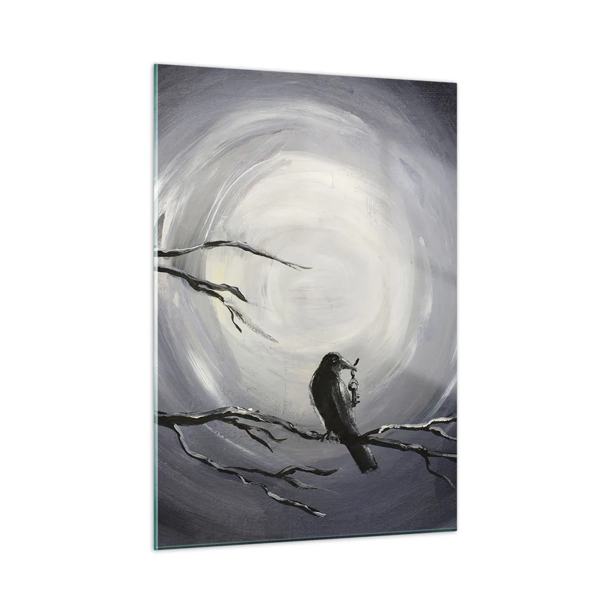 Impression sur verre - Image sur verre - Un corbeau assis sur une branche sur fond de pleine lune - 50x70cm - La clé du mystère de la nuit - Décoration murale moderne pour le salon et la chambre ARTTOR