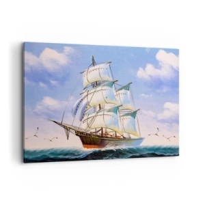 Impression sur toile - Image sur toile - Un voilier en pleine mer sous un ciel bleu - 100x70cm - Fièrement avec le vent - Décoration murale moderne pour le salon et la chambre ARTTOR