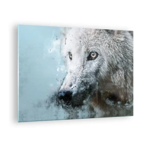 Impression sur verre - Image sur verre - Portrait de loup aux accents artistiques et flous dans des tons de bleu - 70x50cm - Rencontrez l'âme du loup - Décoration murale moderne pour le salon et la chambre ARTTOR