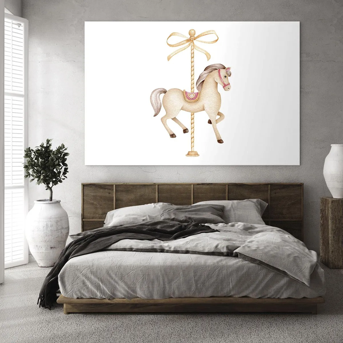 Impression sur verre - Image sur verre - Cheval de carrousel beige avec un nœud sur fond blanc - 70x50cm - Un trot gracieux - Décoration murale moderne pour le salon et la chambre ARTTOR