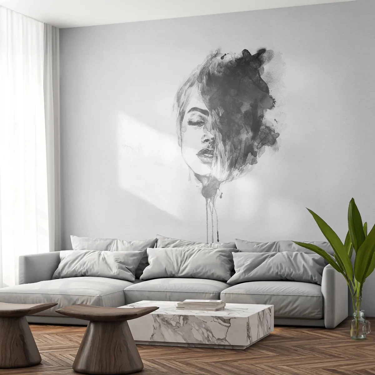 Papier Peint Photo Premium Sand - De quoi rêve la fille - Portrait d'une femme, Visage de femme, Abstraction - 350x256 cm