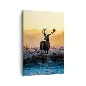 Impression sur toile - Image sur toile - Un cerf dans une clairière gelée au lever du soleil - 50x70cm - Couronné pour sa succession - Décoration murale moderne pour le salon et la chambre ARTTOR