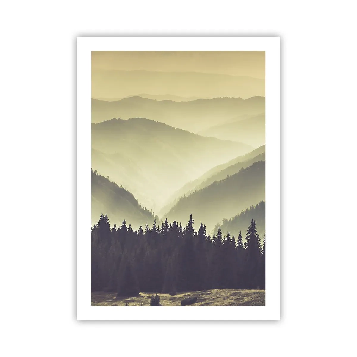 Affiche - Poster - Panorama brumeux de montagnes avec forêt - 50x70cm - Derrière les sept montagnes… - Décoration murale moderne pour le salon et la chambre ARTTOR