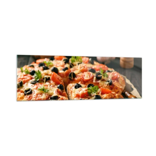 Impression sur verre - Image sur verre - Pizza aux tomates, olives et herbes fraîches sur la table - 160x50cm - Tu t'en es encore tiré - Décoration murale moderne pour le salon et la chambre ARTTOR