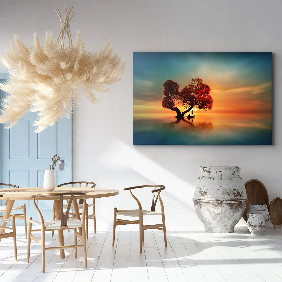 Impression sur toile - Image sur toile - Un arbre à feuilles rouges et un bateau sur l'eau au coucher du soleil - 70x50cm - Plénitude et éloignement sans monde - Décoration murale moderne pour le salon et la chambre ARTTOR