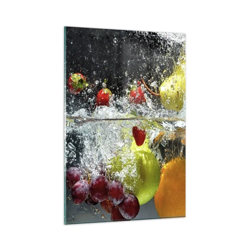 Impression sur verre - Image sur verre - Fruits colorés dans l'eau lors d'une immersion dynamique - 80x120cm - Rafraîchissement fruité - Décoration murale moderne pour le salon et la chambre ARTTOR