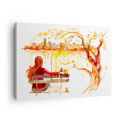 Impression sur toile - Image sur toile - Scène à l'aquarelle d'une femme sur un banc surplombant la ville - 70x50cm - Un moment de réflexion - Décoration murale moderne pour le salon et la chambre ARTTOR