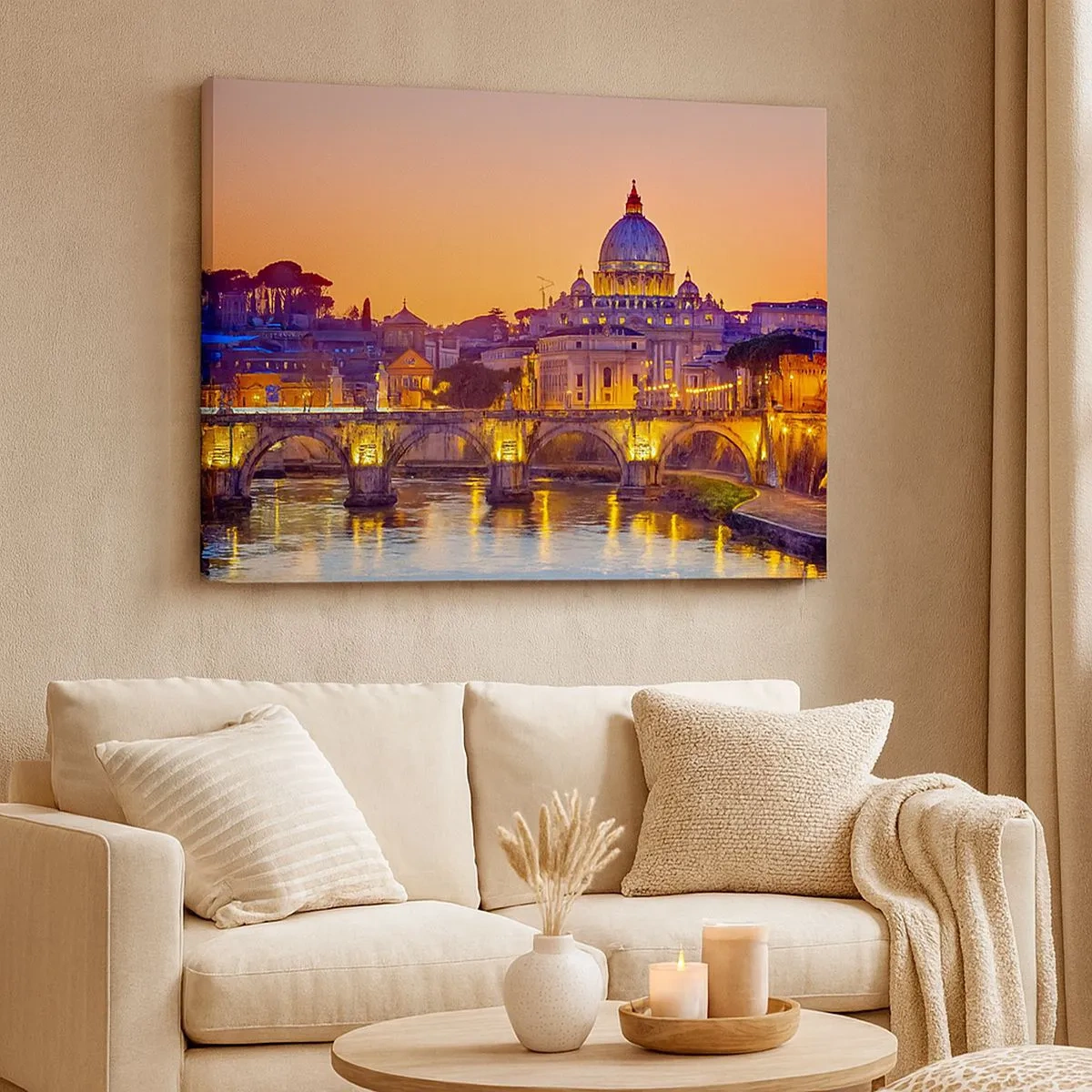 Impression sur toile - Image sur toile - Panorama du Vatican au coucher du soleil avec un pont sur la rivière - 70x50cm - Coucher de soleil sur la ville éternelle - Décoration murale moderne pour le salon et la chambre ARTTOR