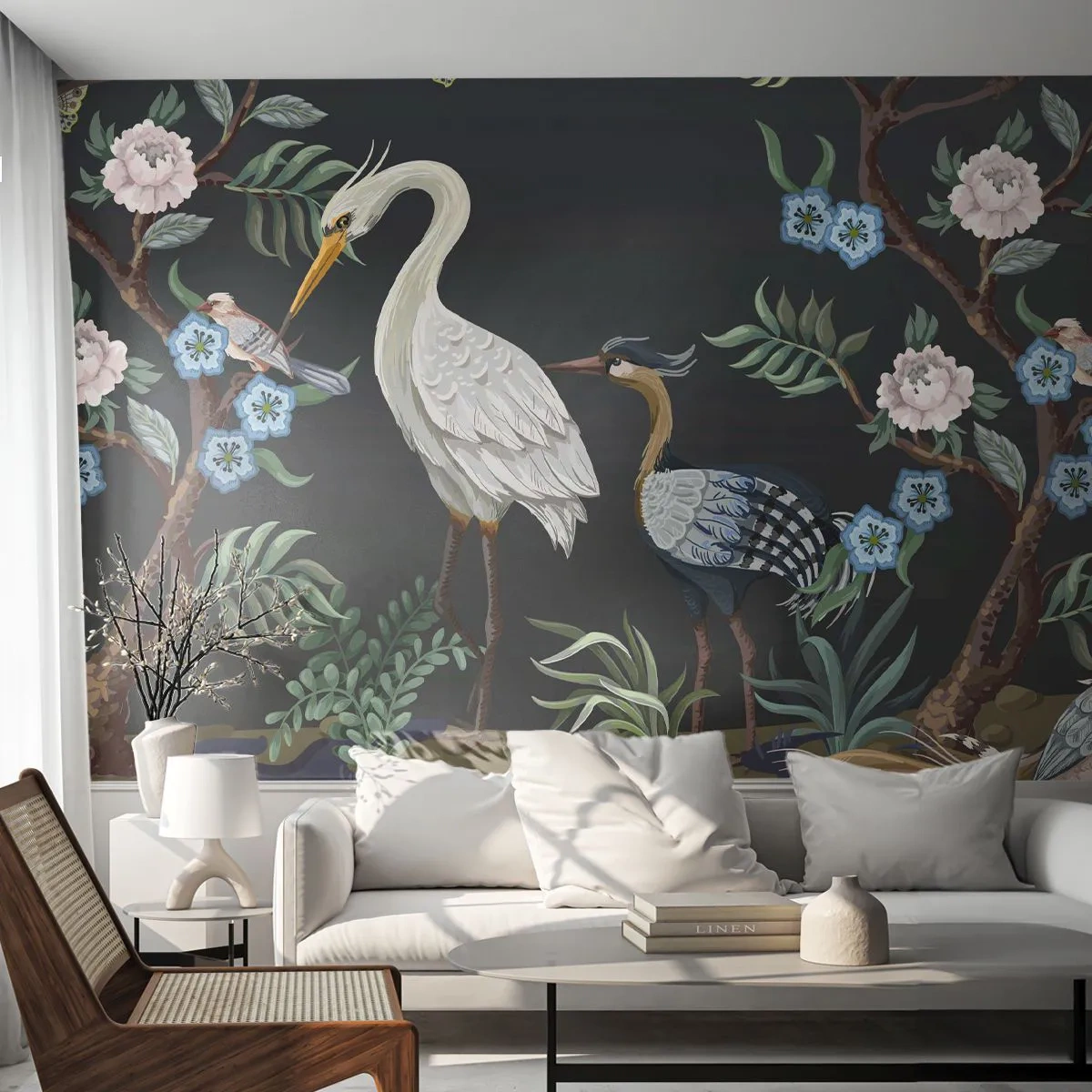 Papier Peint Photo Premium Sand - Oiseaux exotiques parmi des fleurs sur fond sombre - 100x70cm - Parade d'oiseaux - Décoration murale moderne pour le salon et la chambre ARTTOR