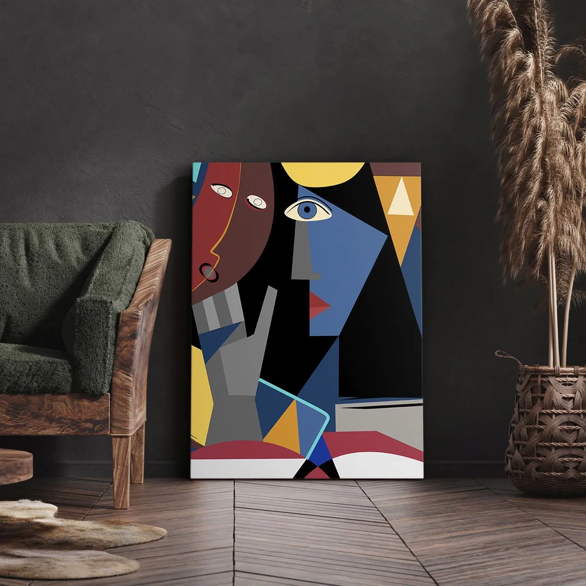 Impression sur toile - Image sur toile - Visages cubistes aux couleurs intenses - 50x70cm - Une conversation entre cubistes - Décoration murale moderne pour le salon et la chambre ARTTOR