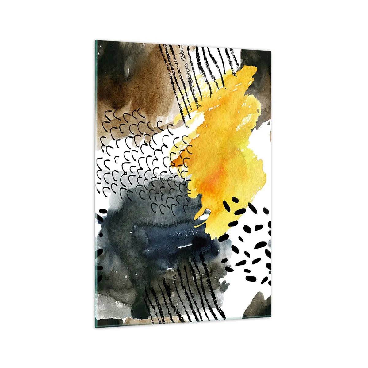 Impression sur verre - Image sur verre - Une composition abstraite avec des accents jaunes et des motifs graphiques. - 70x100cm - Rencontre des éléments - Décoration murale moderne pour le salon et la chambre ARTTOR
