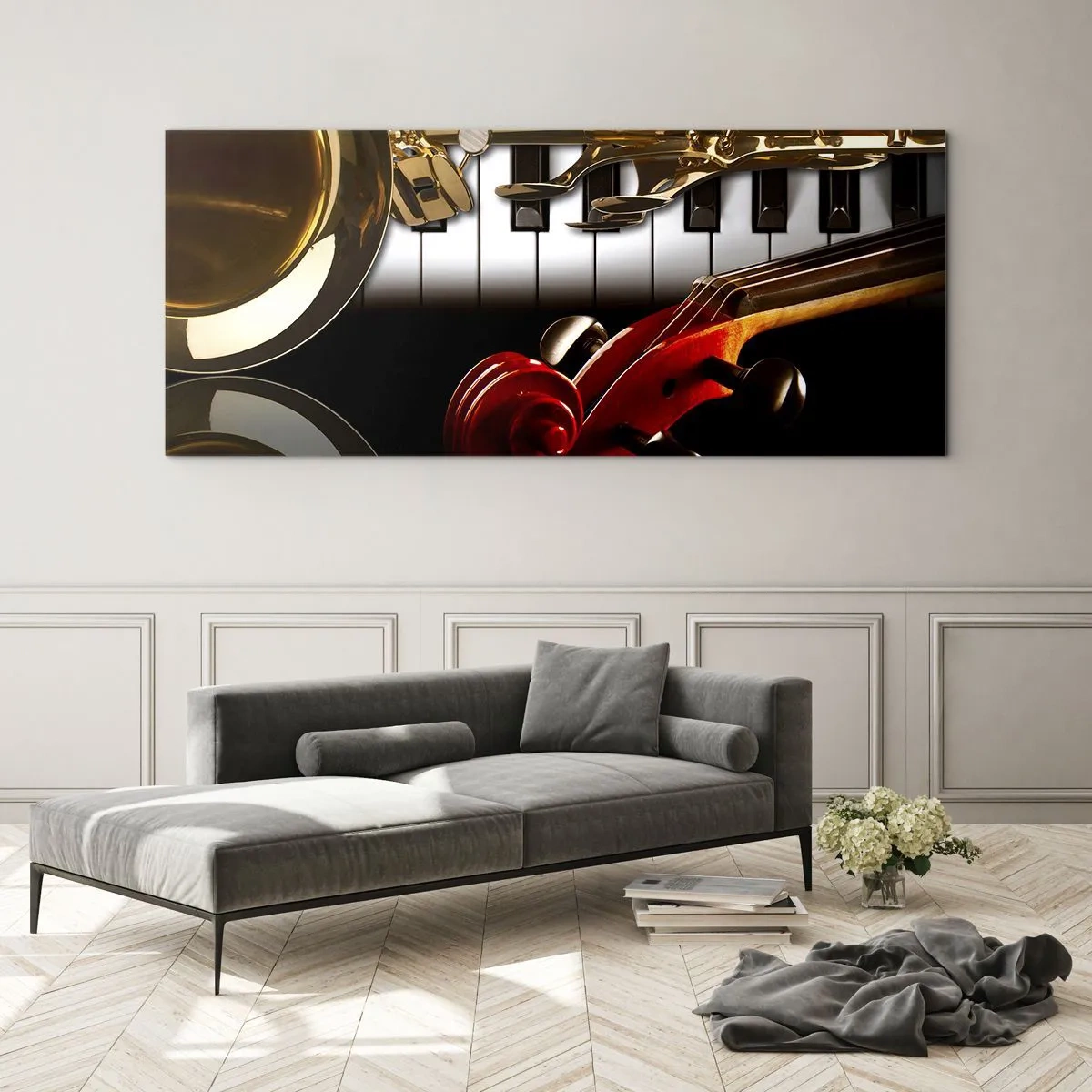 Impression sur verre - Image sur verre - Un saxophone doré, des touches de piano et un violon rouge - 140x50cm - Tôle, bois et ivoire - Décoration murale moderne pour le salon et la chambre ARTTOR