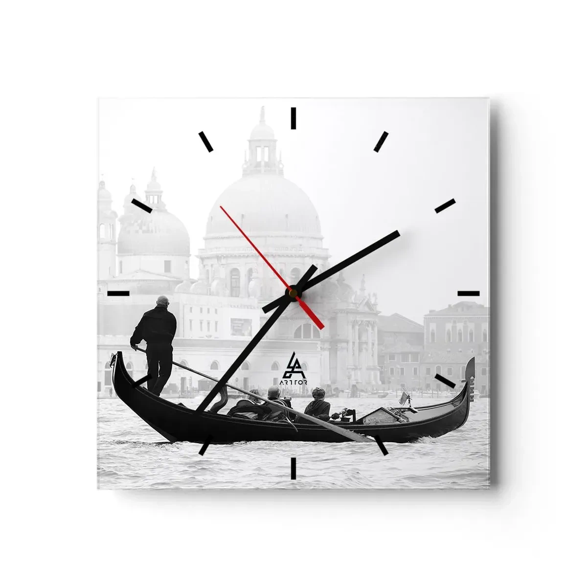 Horloge murale - Pendule murale - Une gondole avec la basilique en arrière-plan en noir et blanc - 30x30cm - Voyage aux sources de la beauté - Décoration murale moderne pour le salon et la chambre ARTTOR
