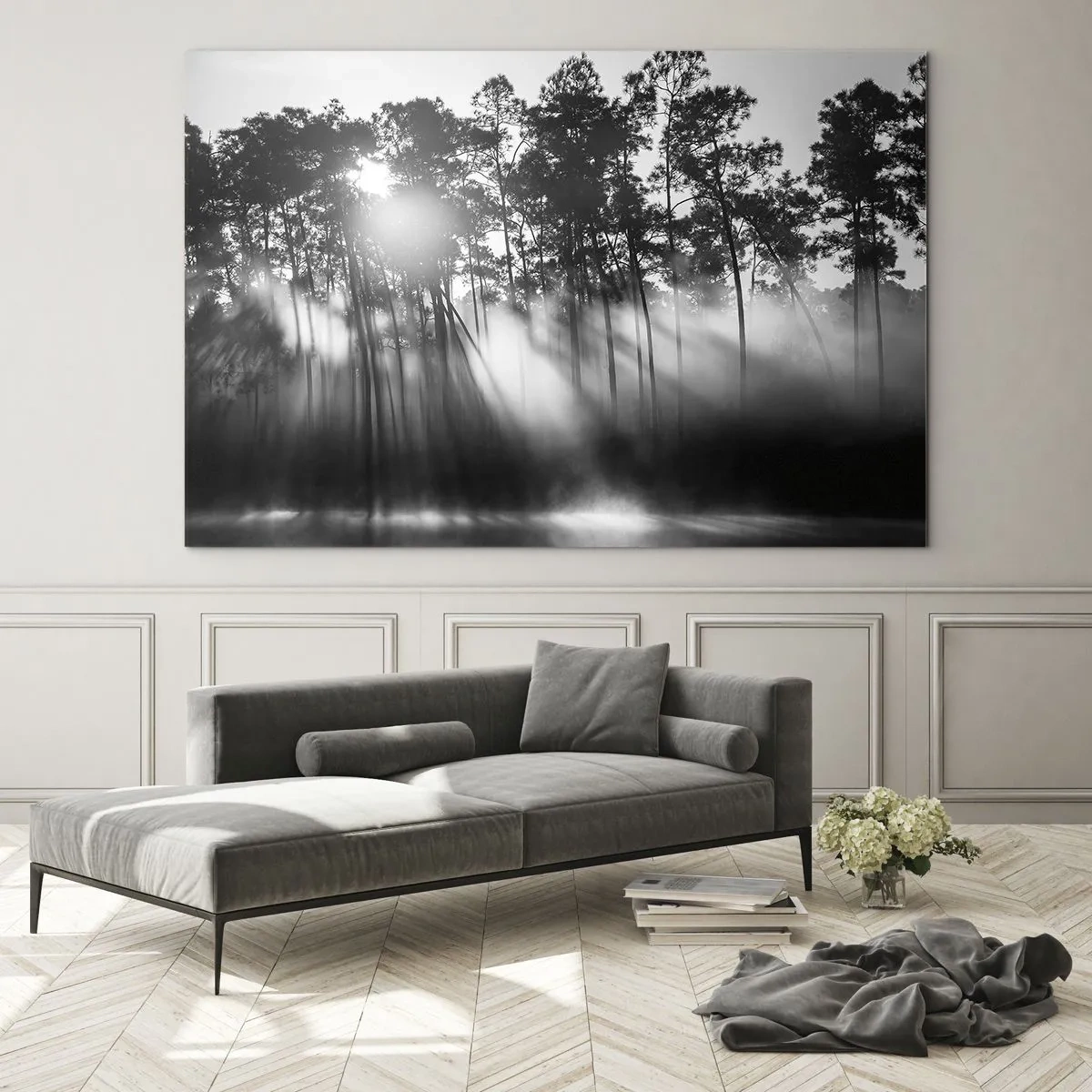 Impression sur verre - Image sur verre - Arbres noirs et blancs dans une forêt avec des rayons de soleil dans la brume - 100x70cm - Soleil inarrêtable - Décoration murale moderne pour le salon et la chambre ARTTOR