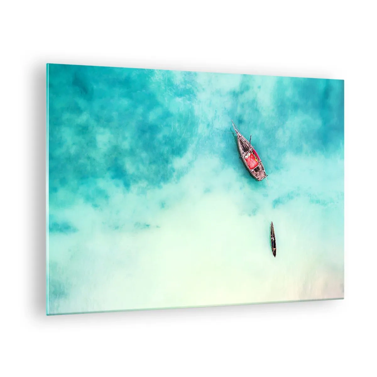 Impression sur verre - Image sur verre - Bateaux sur une eau azur dans un cadre paisible - 70x50cm - Car sur les plages de Zanzibar, quand il y a un débordement d'eau... - Décoration murale moderne pour le salon et la chambre ARTTOR