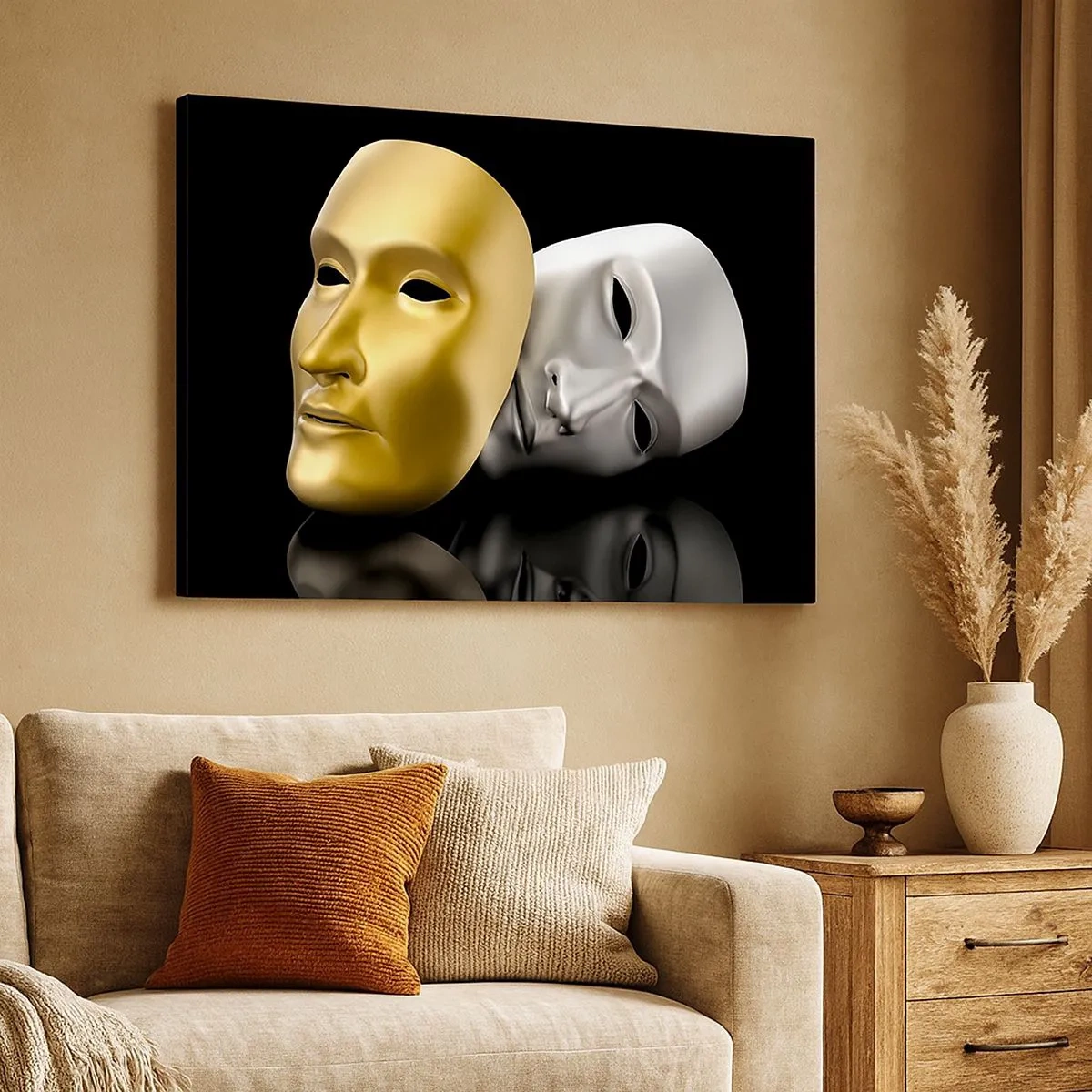 Impression sur toile - Image sur toile - Masque d'or et d'argent sur fond noir - 70x50cm - La vie est un théâtre - Décoration murale moderne pour le salon et la chambre ARTTOR