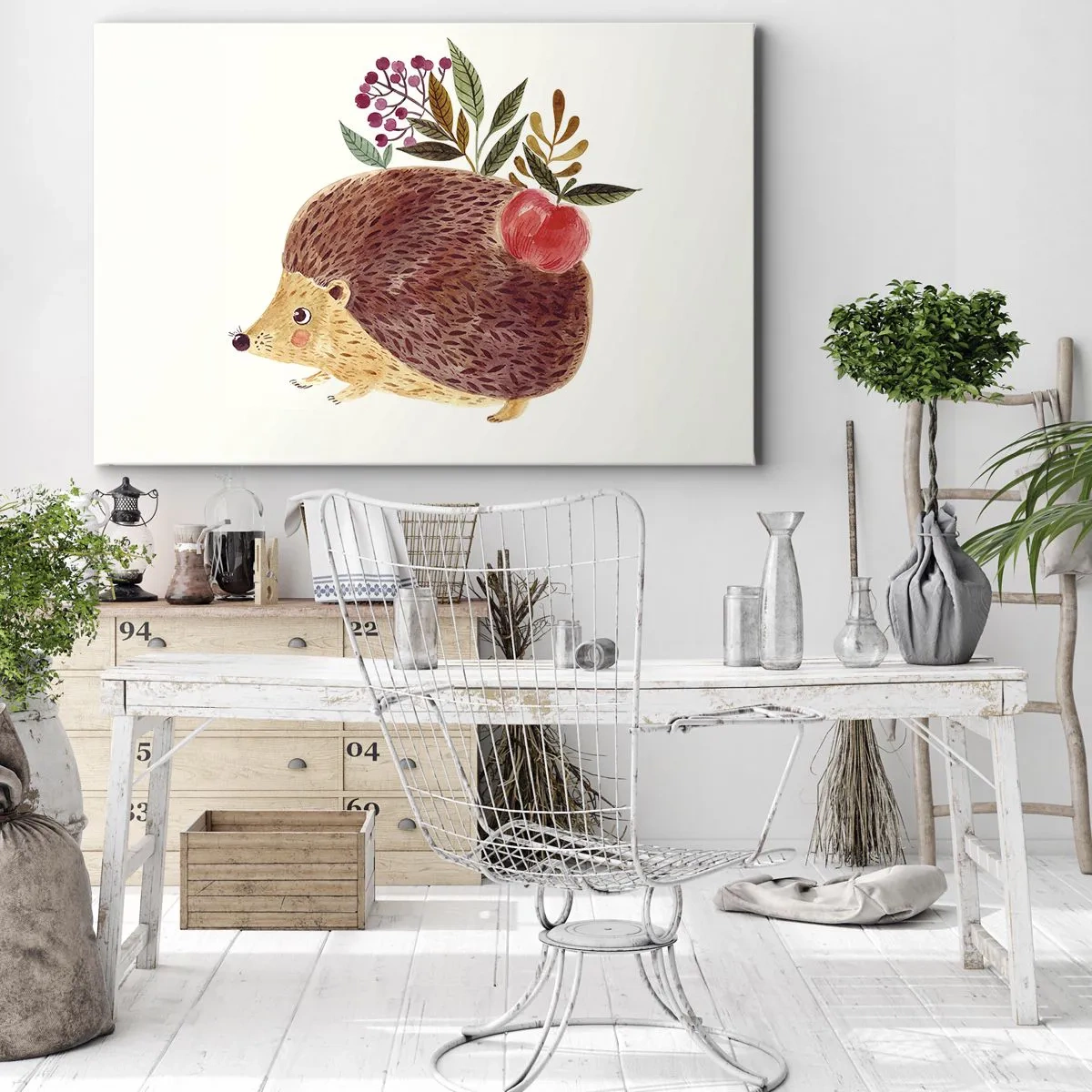 Impression sur toile - Image sur toile - Un hérisson mignon avec une pomme et des plantes dans un style illustratif - 70x50cm - Et tu m’apprécies déjà - Décoration murale moderne pour le salon et la chambre ARTTOR