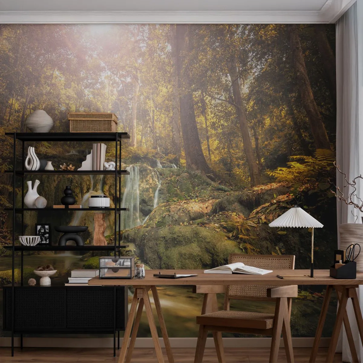 Papier Peint Autocollant Deluxe Sticker - Cascade de forêt en vert - Paysage, Cascade, Forêt - 250x175 cm