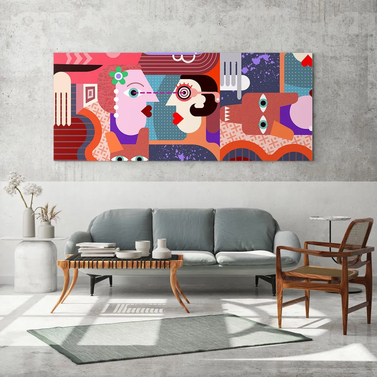 Impression sur verre - Image sur verre - Figures abstraites aux couleurs vives - 120x50cm - Les yeux dans les yeux - Décoration murale moderne pour le salon et la chambre ARTTOR