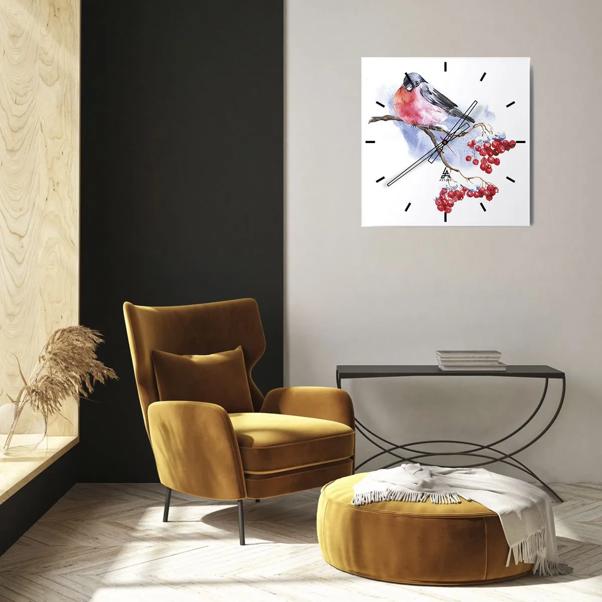 Horloge murale - Pendule murale - Oiseau sur une branche avec des fruits rouges sur fond aquarelle - 30x30cm - L'hiver en couleurs - Décoration murale moderne pour le salon et la chambre ARTTOR