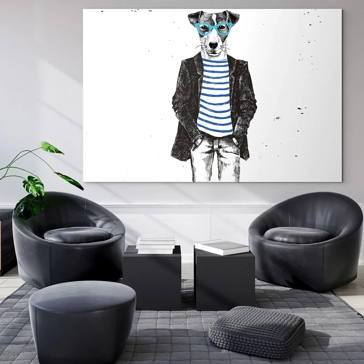 Impression sur verre - Image sur verre - Illustration d'un chien portant une chemise de marin et des lunettes sur fond blanc - 70x50cm - Un charme de chien - Décoration murale moderne pour le salon et la chambre ARTTOR