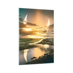 Impression sur verre - Image sur verre - Un paysage fantastique avec deux lunes à l'horizon - 70x100cm - Quelque part dans une galaxie lointaine, très lointaine - Décoration murale moderne pour le salon et la chambre ARTTOR