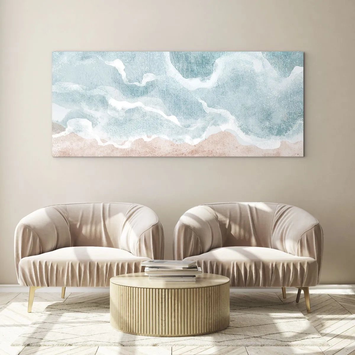 Impression sur verre - Image sur verre - Plage abstraite avec des vagues dans les tons bleus et beiges - 120x50cm - Abstraction du nuage - Décoration murale moderne pour le salon et la chambre ARTTOR