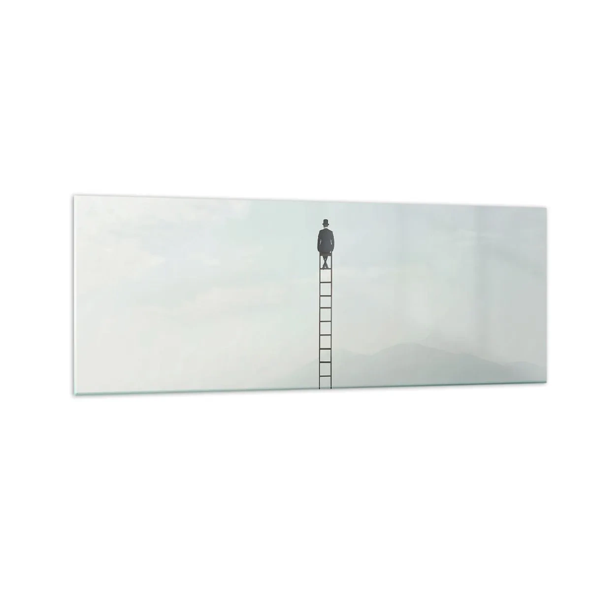 Impression sur verre - Image sur verre - Un homme sur une échelle s'élevant vers le ciel - 140x50cm - Se soulever au-dessus - Décoration murale moderne pour le salon et la chambre ARTTOR