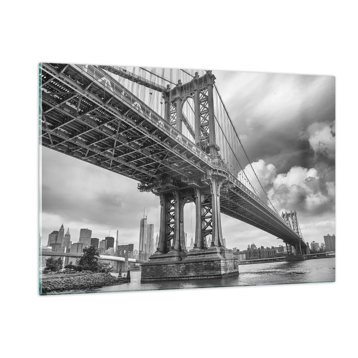 Impression sur verre - Image sur verre - Un pont suspendu dans un décor monochrome - 120x80cm - Au coeur de la ville - Décoration murale moderne pour le salon et la chambre ARTTOR