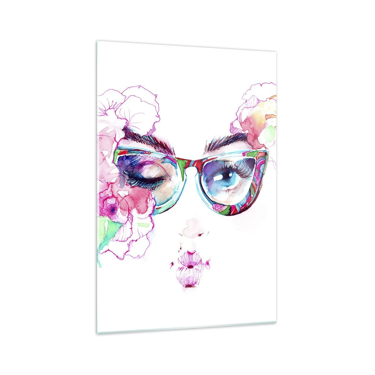 Impression sur verre - Image sur verre - Visage aquarelle avec des lunettes colorées et des fleurs - 70x100cm - Une promesse tentante - Décoration murale moderne pour le salon et la chambre ARTTOR