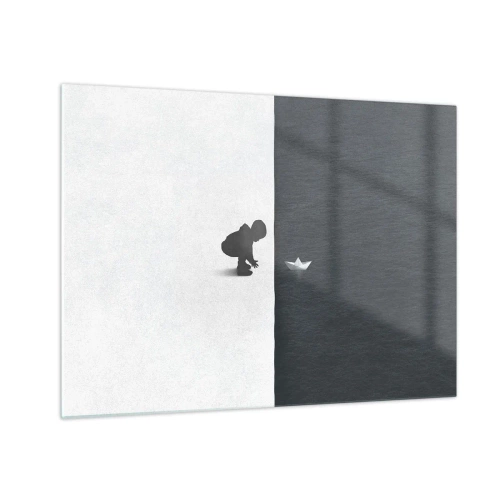 Impression sur verre - Image sur verre - Silhouette d'un enfant lançant un bateau en papier dans l'eau - 70x50cm - Grande expédition - Décoration murale moderne pour le salon et la chambre ARTTOR