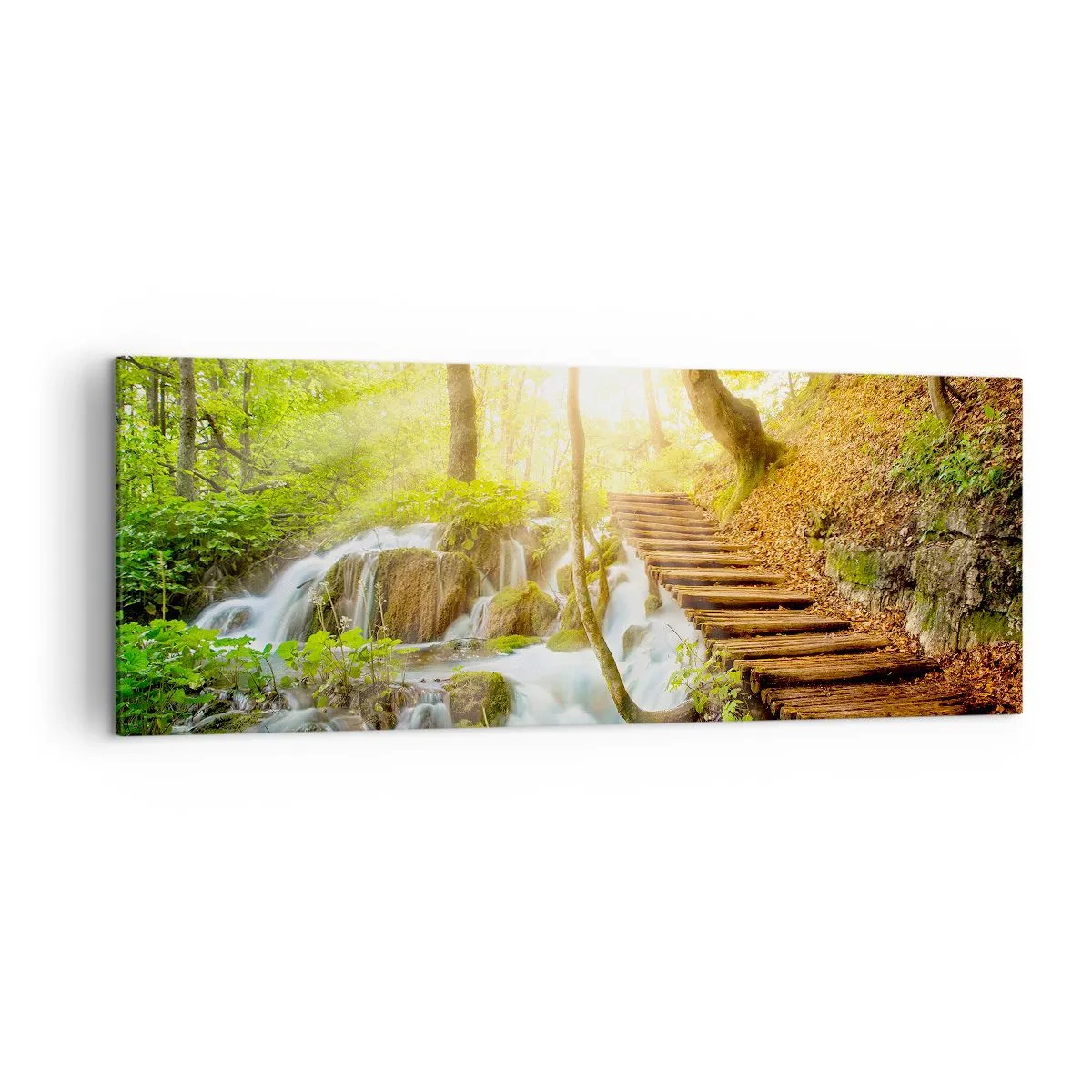 Impression sur toile - Image sur toile - Chemin forestier avec escaliers en bois près de la cascade - 140x50cm - Une fraîcheur tant désirée - Décoration murale moderne pour le salon et la chambre ARTTOR