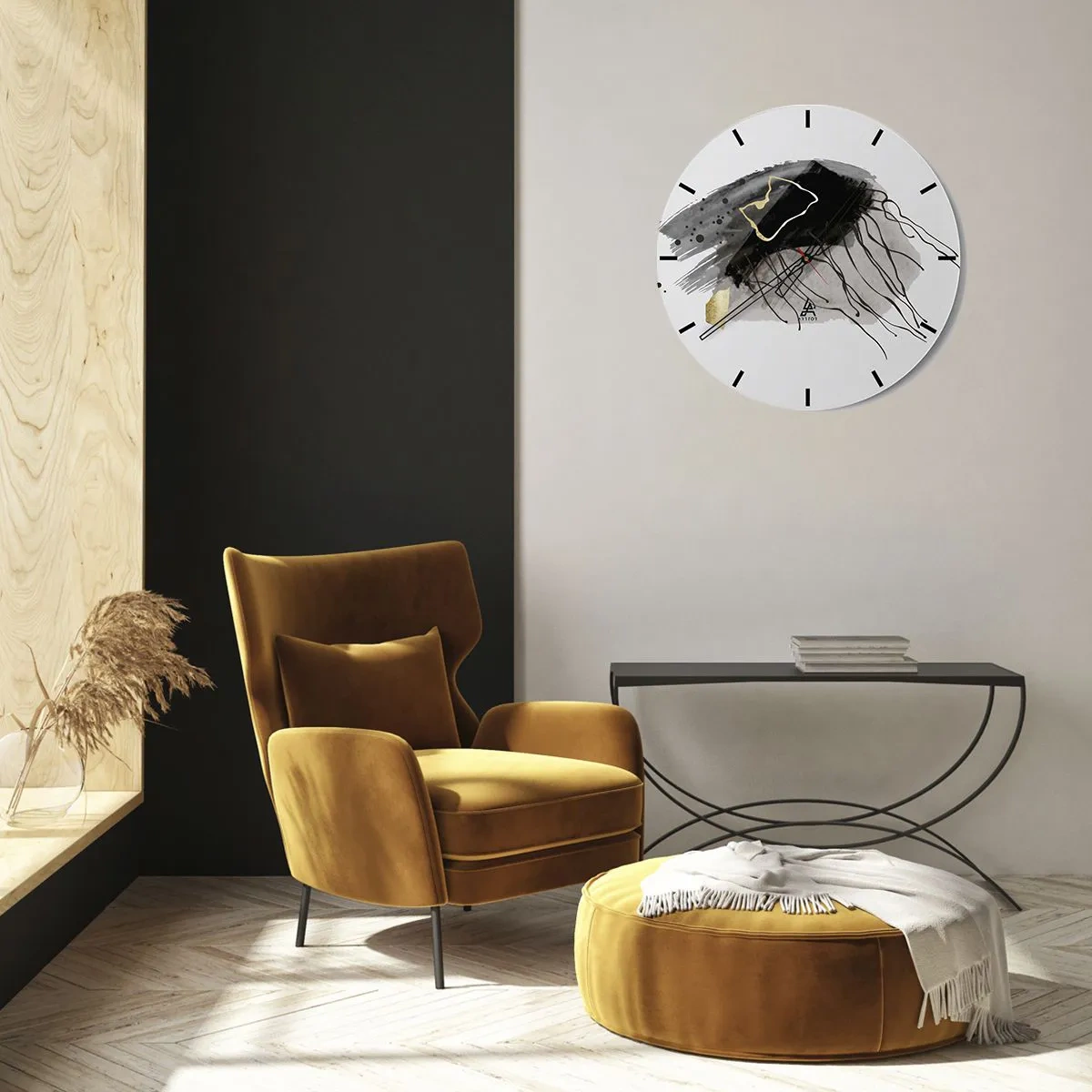 Horloge murale - Pendule murale - Motif abstrait en noir, gris et or sur fond blanc - 30x30cm - En noir et en or - Décoration murale moderne pour le salon, la cuisine et la chambre ARTTOR