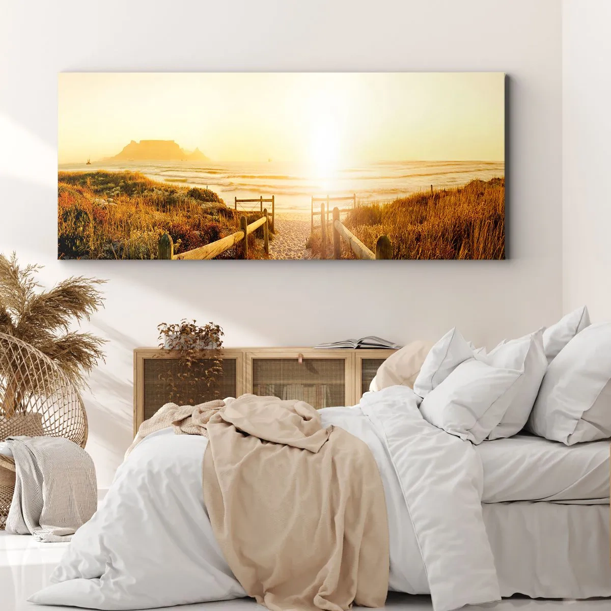 Impression sur toile - Image sur toile - Chemin vers la plage pendant un coucher de soleil doré - 120x50cm - A travers la dune, vers le soleil - Décoration murale moderne pour le salon et la chambre ARTTOR